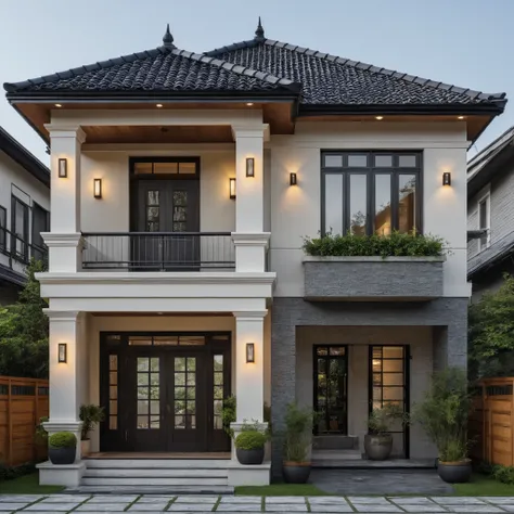 **"A two-story Japanese-inspired neoclassical house (1 ground floor + 1 upper floor), blending minimalist elegance with traditional Japanese architecture. Symmetrical facade with clean lines and subtle classical moldings. Gray aluminum windows and doors, i...
