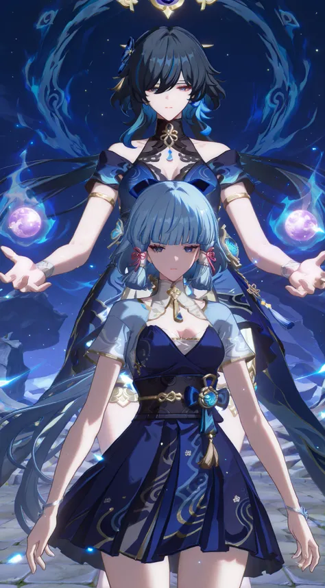 Blue hair、Blue dress、 flying anime esper, Zin Ai, Anime cute art style, Beautiful celestial mage, Mysterious art style, black-haired mage, Ayaka Genshin impact, blue aura, Psychic, Anime style 4k, Mystery style!!!!!