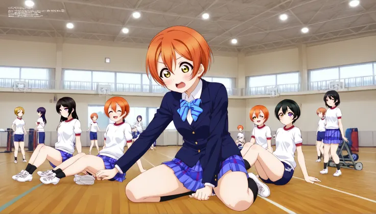 1girl,hoshizora rin, striped, short hair, blush, otonokizaka school uniform, lovelive_rin black blazer, blue plaid skirt, blue stripe bowtie, orange hair, very short hair, hair between eyes, yellow green eyes,sitting on the floor grasping one's knees (as i...