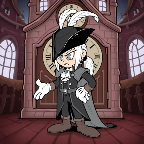 Rubberhose, toon \(style\) Lady Maria White hair, grey eyes, tricorne, gloves, hat feather, ascot, ponytail, cape, outside a clock tower