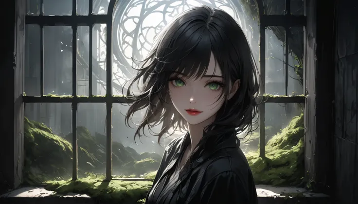  dark部屋に座る若い女性, concrete prison, only light shining through a small window, Lattice window in a high position, Beautifully detailed moss green eyes, sad expression、black hair、sorrow、beautiful detailed lips, very detailed face, long eyelashes on their left ...
