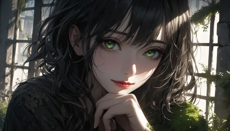  dark部屋に座る若い女性, concrete prison, only light shining through a small window, Lattice window in a high position, Beautifully detailed moss green eyes, sad expression、black hair、sorrow、beautiful detailed lips, very detailed face, long eyelashes on their left ...