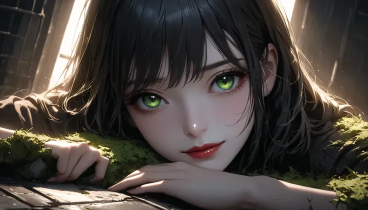  dark部屋に座る若い女性, concrete prison, only light shining through a small window, Lattice window in a high position, Beautifully detailed moss green eyes, sad expression、black hair、sorrow、beautiful detailed lips, very detailed face, long eyelashes on their left ...