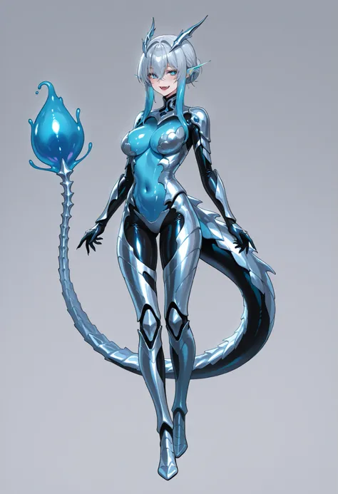 Alien fusion girl. HR Giger design elements. Liquid metal body. Slime body. Black image color. Bone armor. Arms transform into monsters. Monster head. Bares fangs. Legs turn into tails. Tail made of spine. Bioluminescent organs.