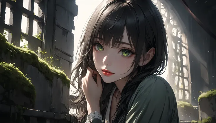  dark部屋に座る若い女性, concrete prison, only light shining through a small window, Lattice window in a high position, Beautifully detailed moss green eyes, sad expression、black hair、sorrow、tears、beautiful detailed lips, very detailed face, long eyelashes on their...