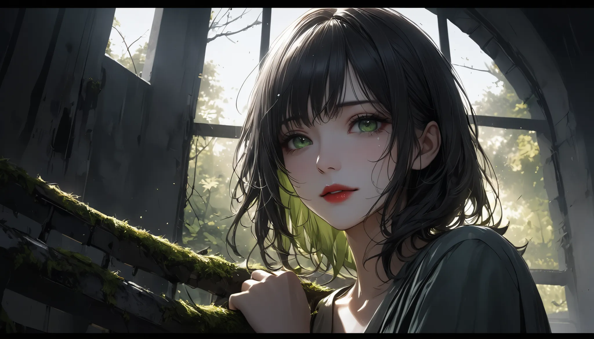  dark部屋に座る若い女性, concrete prison, only light shining through a small window, Lattice window in a high position, Beautifully detailed moss green eyes, sad expression、black hair、sorrow、tears、beautiful detailed lips, very detailed face, long eyelashes on their...