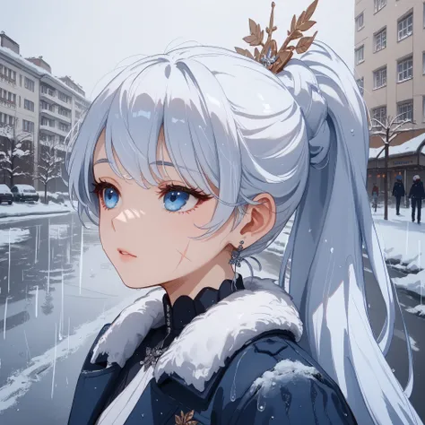 W31ssSchn33, 1girl, white hair, blue eyes, long ponytail, side pontyail, scar across eye, USSR Vibes, Russian Apartments, buildings, road, rainy, snow, melanchonic, upper body