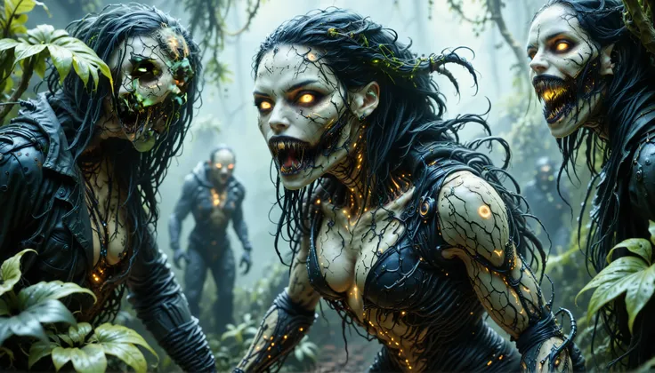 cybernetic corruption, seductive cybernatic vampire, fangs,Rainforest Outpost: Vampire with green‑tipped dreadlocks, glowing yellow eyes, wearing a camo‑patterned armored suit. She emerges from a misty jungle base overrun with bioluminescent vines.