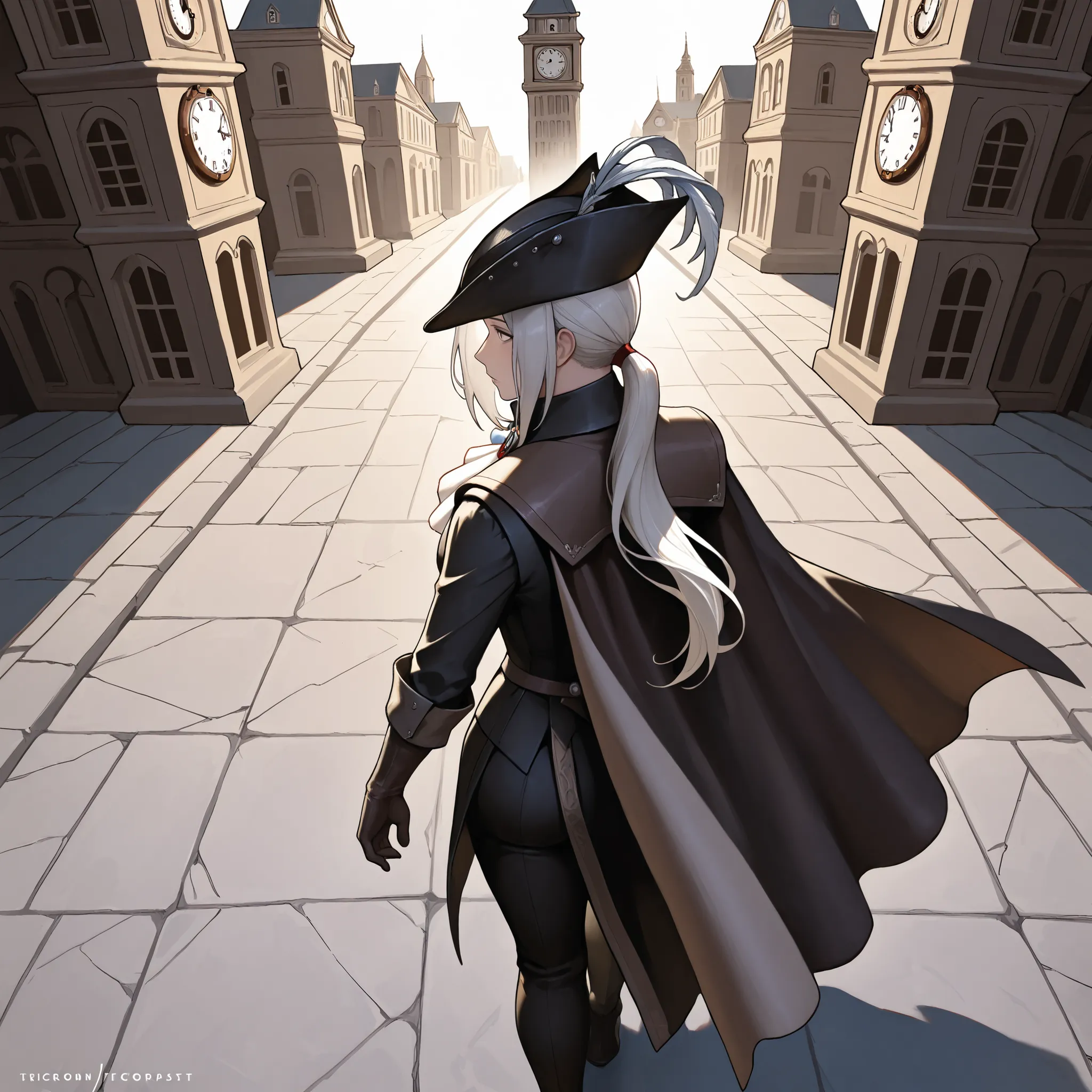 masterpiece, best quality,akiraposter, from above, from behind, walking, ground clock tower,clocktower  Lady Maria
White hair, grey eyes, tricorne, gloves, hat feather, ascot, ponytail, cape,