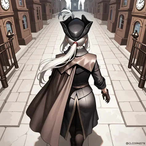 masterpiece, best quality,akiraposter, from above, from behind, walking, ground clock tower,clocktower  Lady Maria
White hair, grey eyes, tricorne, gloves, hat feather, ascot, ponytail, cape,