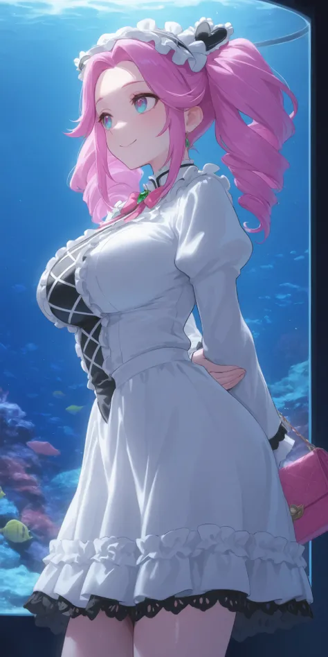 (master piece, professional quality, high resolution, 8k, ultra detailed,) score_9, score_8_up, score_7_up, source_anime, shikoku metan, 1gial, from side, between legs, aquarium, standing, arms behind back, looking away, happy smile, blue gradient eyes, fa...