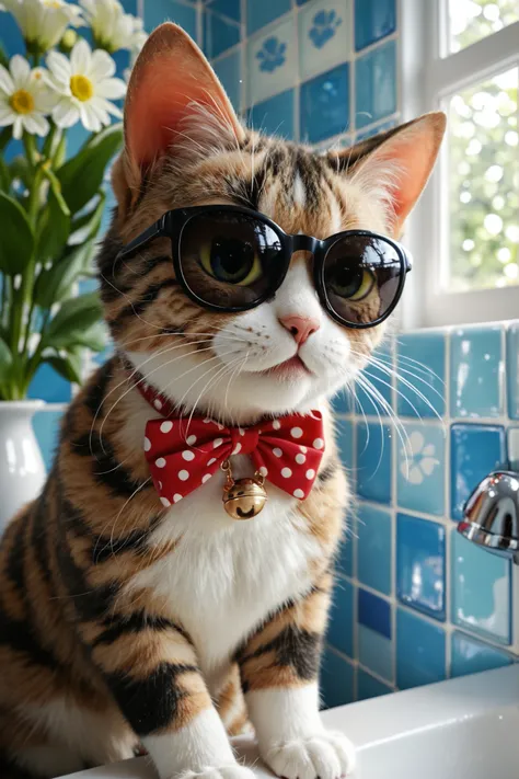 cat wearing sunglasses　black sunglasses　sunglasses reflecting　Blue tile wall　The wall area is large　flower輪を頭につけたねこ　cat with red bow tie　The bow tie has a polka dot pattern　Composition slightly away from the cat　flower　window　Spring light 