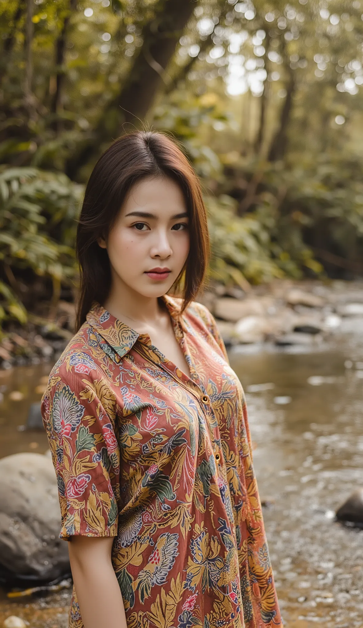 Tranquil riverside scene with a young woman with beautiful teardrop-shaped breasts, gazes at a gentle stream of clear water. He was wearing a Javanese kebaya shirt, His hair swaying gently in the wind . The warm light of the afternoon filters the dense g...