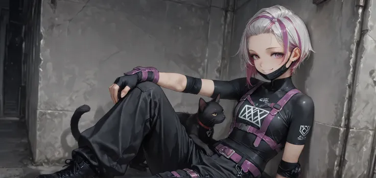 score_9, score_8_up, score_7_up, score_6_up, score_5_up, score_4_up,
4K, 8K, white_hair, Purple_hair, multicolored_hair, two-tone_hair, (streaked hair),
1girl, alone, smile, asymmetric short hair, ((slicked-back hair)), He has a black mask over his mout...