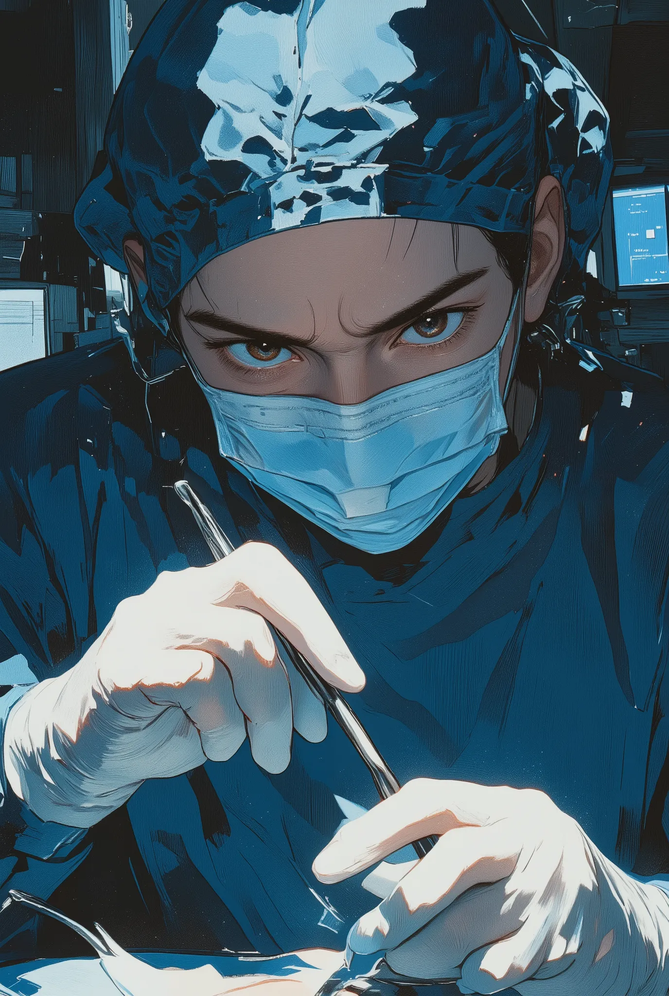 oil painting style,
a close-up bust shot of a surgeon moments before starting an operation,
the surgeon wears a blue surgical gown, cap, and mask, their eyes focused and intense,
they hold a scalpel delicately yet firmly in gloved hands, the blade gl...
