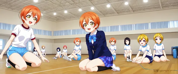 1girl,unwellness hoshizora rin, striped, short hair, blush, otonokizaka school uniform, open mouth, smile, lovelive_rin black blazer, blue plaid skirt, blue stripe bowtie, orange hair, very short hair, hair between eyes, yellow green eyes,sitting on the fl...
