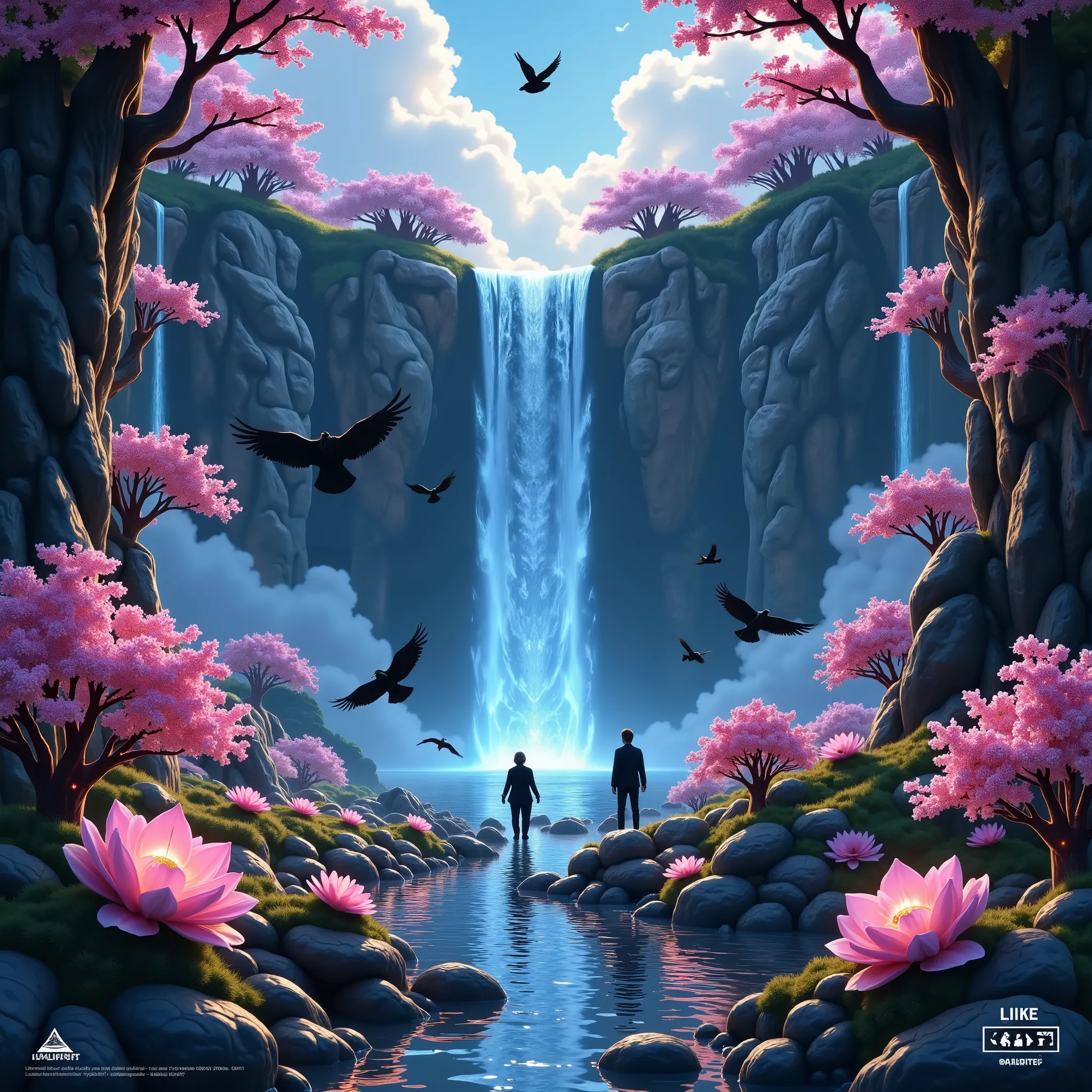 masterpiece, ultra-detailed, glowing fingertips, biomechanical hands, reflective metals, crystal-clear waterfall, surreal neoflowers, atmospheric mist, trees, wind movement, birds, like icon, social media icons, premium quality, detailed reflections, glowi...