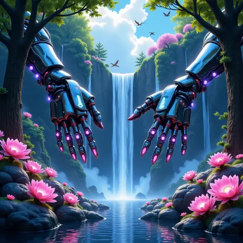masterpiece, ultra-detailed, glowing fingertips, biomechanical hands, reflective metals, crystal-clear waterfall, surreal neoflowers, atmospheric mist, trees, wind movement, birds, like icon, social media icons, premium quality, detailed reflections, glowi...
