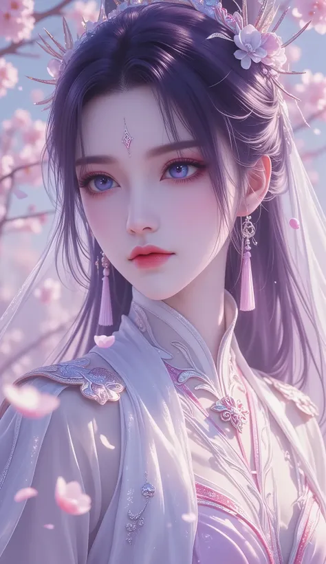 Chinese Fairy Tales character, close-up, extremely details, high detailed face, upper-body, (mature woman, milf), extremely busty, cool beauty, living expressions, (cold gaze, cold eyes, blue eyes), expressionless, dark purple hair, Straight hair, dark hai...