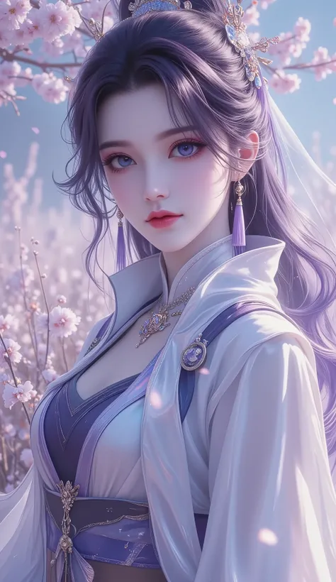 Chinese Fairy Tales character, extremely details, high detailed face, upper-body, (mature woman, milf), extremely busty, cool beauty, living expressions, (cold gaze, cold eyes, blue eyes), expressionless, black hair, dark purple highlight, Straight hair, d...