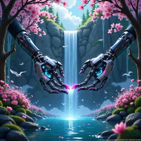 masterpiece, ultra-detailed, glowing fingertips, biomechanical hands, reflective metals, crystal-clear waterfall, surreal neoflowers, atmospheric mist, trees, wind movement, birds, like icon, social media icons, premium quality, detailed reflections, glowi...