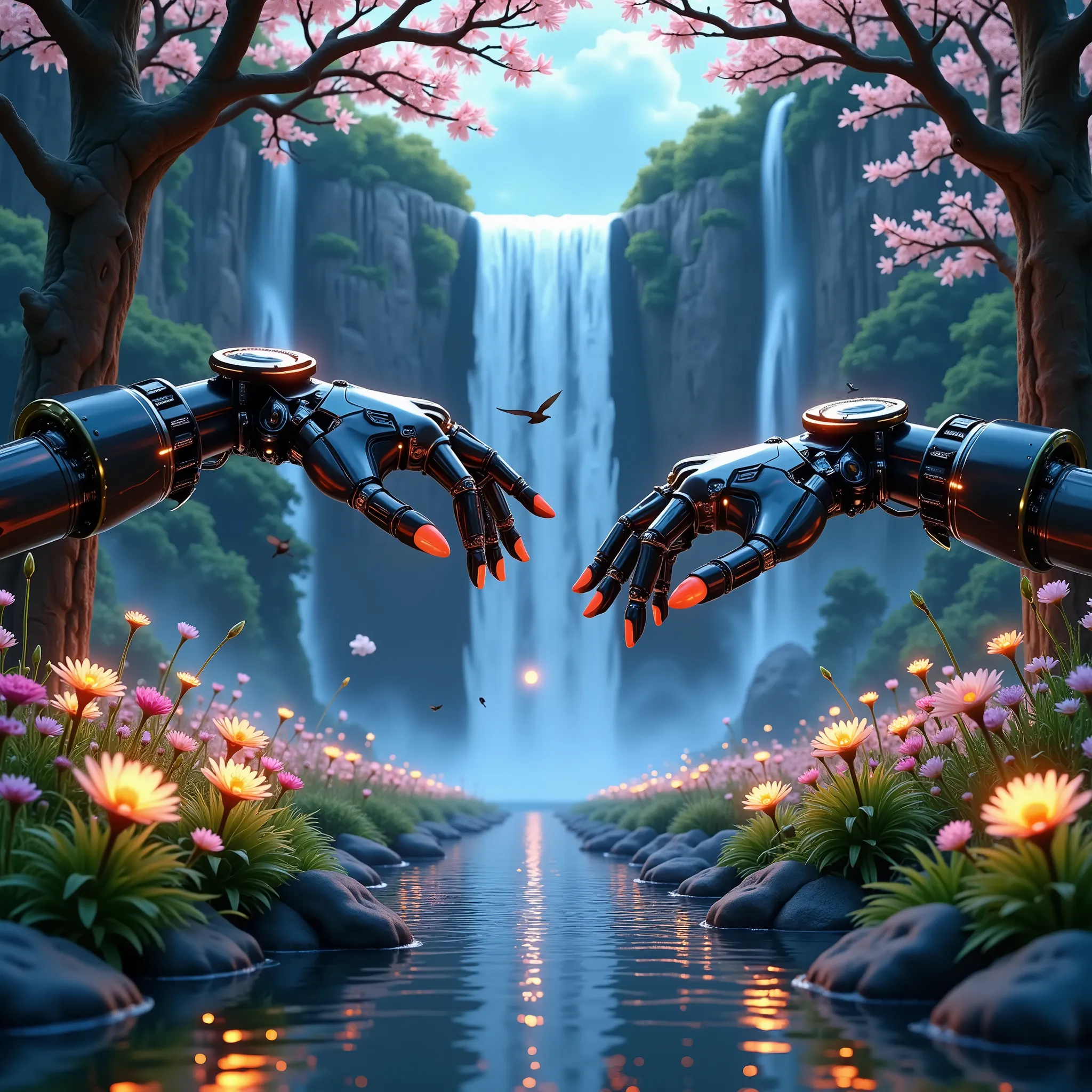 masterpiece, ultra-detailed, glowing fingertips, biomechanical hands, reflective metals, crystal-clear waterfall, surreal neoflowers, atmospheric mist, trees, wind movement, birds, like icon, social media icons, premium quality, detailed reflections, glowi...