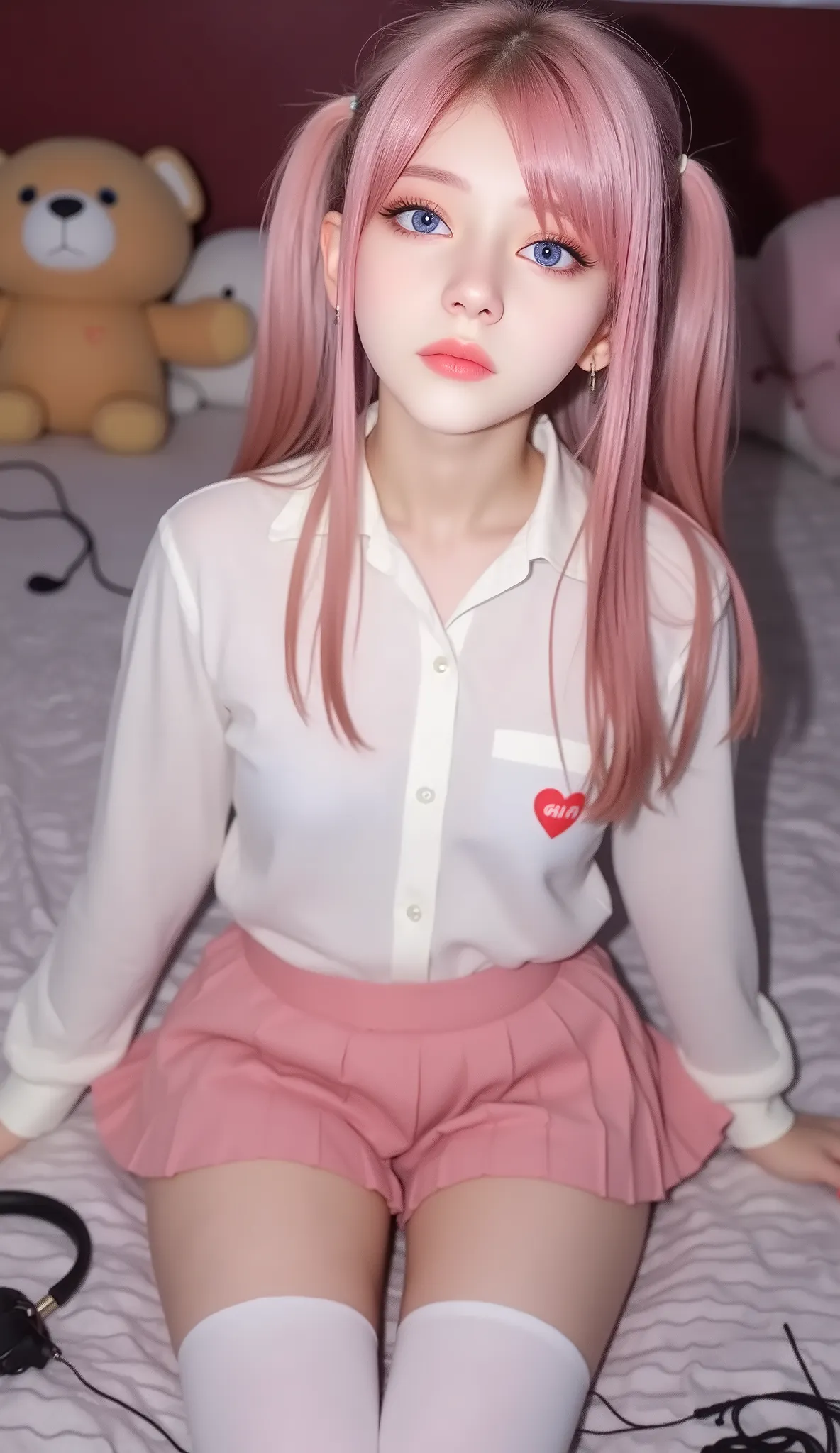 1girl, solo, long hair, breasts, looking at viewer, blush, open mouth, blue eyes, skirt, unbuttoned shirt, thighhighs, cleavage, medium breasts, full body, white unbuttoned shirt, pink hair, long ponytail, short sleeves, heart, pleated skirt, tongue, midri...