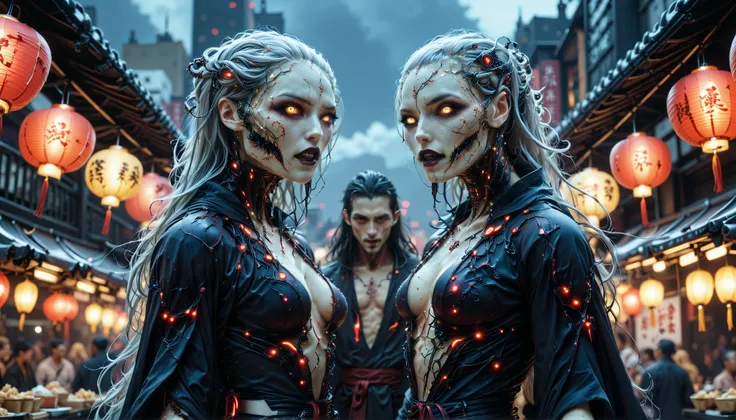 cybernetic corruption, seductive cybernatic vampire, Night Market Rooftop: Multi‑character—vampires sampling street‑food under paper lanterns. One has long silver hair, another has rainbow cybernetic implants. All wear sleek urban kimonos with neon trim.