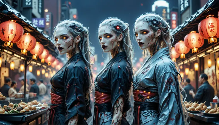 cybernetic corruption, seductive cybernatic vampire, Night Market Rooftop: Multi‑character—vampires sampling street‑food under paper lanterns. One has long silver hair, another has rainbow cybernetic implants. All wear sleek urban kimonos with neon trim.
