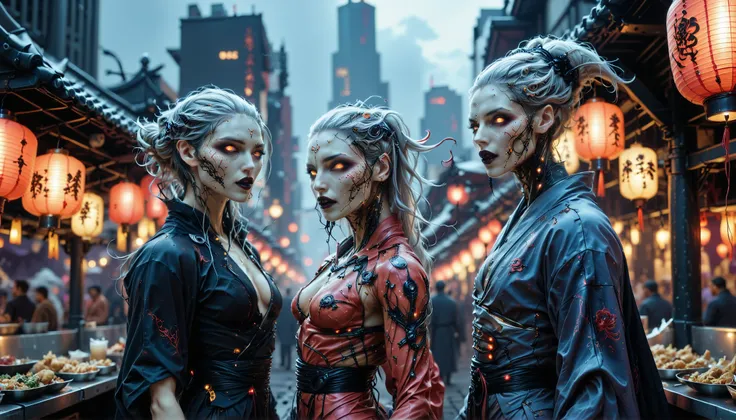 cybernetic corruption, seductive cybernatic vampire, Night Market Rooftop: Multi‑character—vampires sampling street‑food under paper lanterns. One has long silver hair, another has rainbow cybernetic implants. All wear sleek urban kimonos with neon trim.