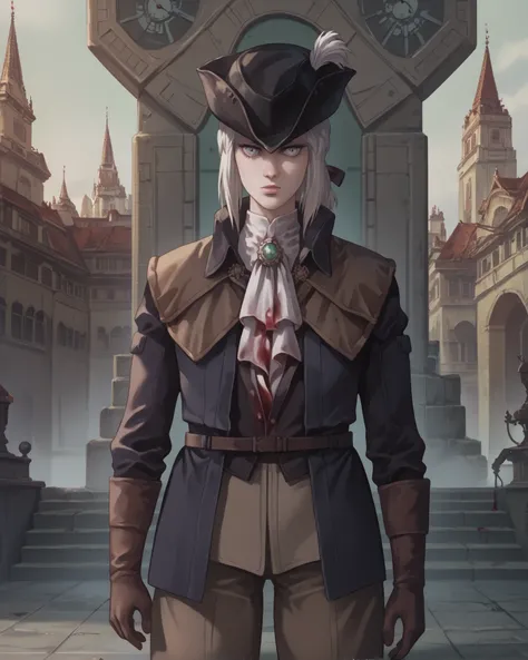 source_anime, (masterpiece), score_9, score_8_up, score_7_up, score_6_up, retrostyle,cyberpunk, ghostshell,  LadyMaria, white hair, medium hair, ponytail, hair ribbon, looking at viewer, pale skin, colored skin, white skin, outfit_1, tricorne, hat feather,...