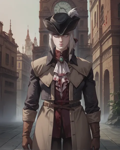 source_anime, (masterpiece), score_9, score_8_up, score_7_up, score_6_up, retrostyle,cyberpunk, ghostshell,  LadyMaria, white hair, medium hair, ponytail, hair ribbon, looking at viewer, pale skin, colored skin, white skin, outfit_1, tricorne, hat feather,...