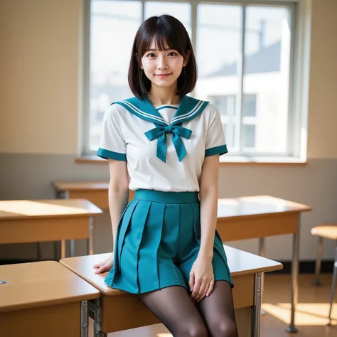 portrait of this young Japanese woman, standing in a bright classroom background、beautiful Japanese woman in a traditional Japanese uniform. The subject is sitting in the center of a wooden desk、turquoise collar and bow in the background, in a matching tur...