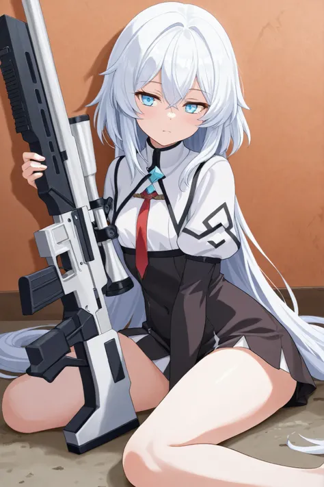 strongest Sniper rifle bullet fire dazzling snow原 Deep in the mountains without buildings snow diamond dust 吹snow Crawling on the ground gun in a peaceful city Aim at the enemy White Hair Girl Highest Quality masterpiece