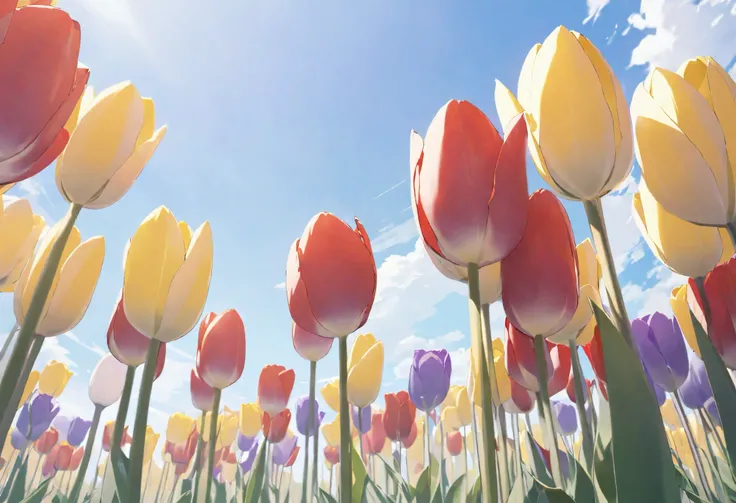 Tulips of various colors, Highly detailed, 8K, from below
