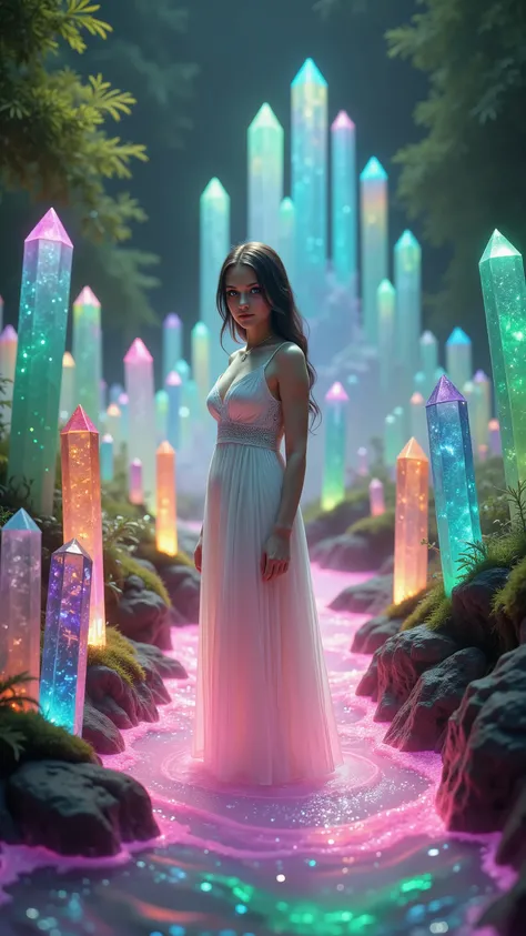 1girl, gorgeous European face, sparkling/glowing blue eyes, long eyelashes, long white dress, very large breasts, looking at viewer, small crucifix necklace. Hundreds of different colored quartz crystals 6 to 9 feet tall, Many hundreds of extremely large((...