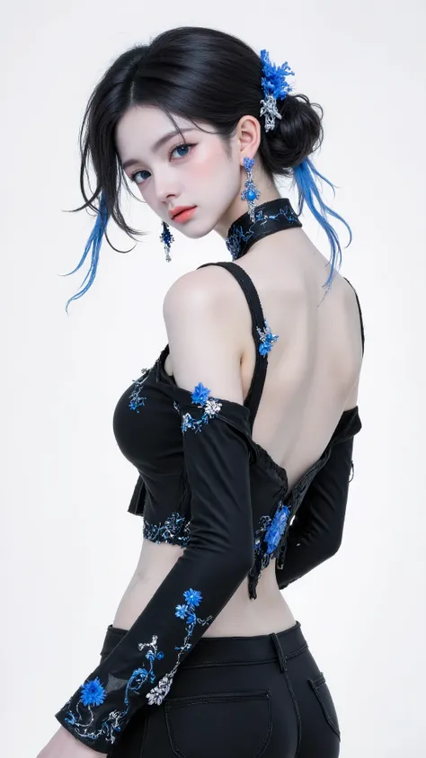 clothing
Wear a black off-the-shoulder top,Slim shoulder strap on one side,Large area of exposure on the back。The dress has blue flower embroidery,The cuffs also have a blue and white floral pattern,The high collar is also decorated with blue and white pat...