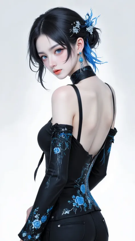 clothing
Wear a black off-the-shoulder top,Slim shoulder strap on one side,Large area of exposure on the back。The dress has blue flower embroidery,The cuffs also have a blue and white floral pattern,The high collar is also decorated with blue and white pat...