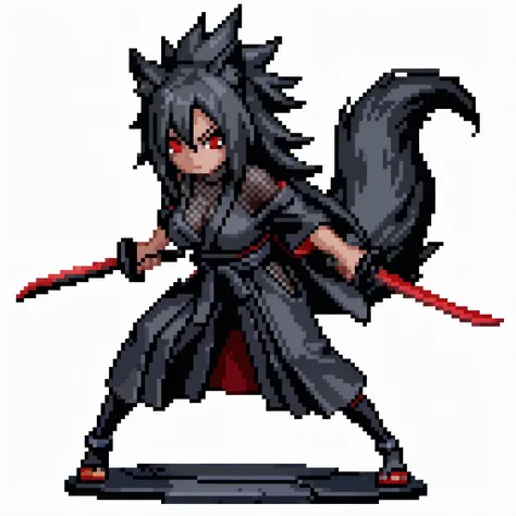 masterpiece, combat stance, breasts, full-body, cat girl, anime girl, black fur and black long hairs, uchiha madara hairstyles, voluminous spiky hair with multiple sharp points spreading outward and giving a dynamic wild appearance, wearing black ninja mes...