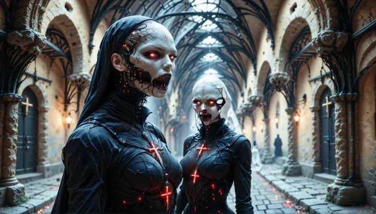 cybernetic corruption, seductive cybernatic vampire, fangs,Empty Monastery: Lone vampire nun with shaved head, glowing red eyes, in a black techno‑habit. She holds a flickering neon cross in a silent courtyard.