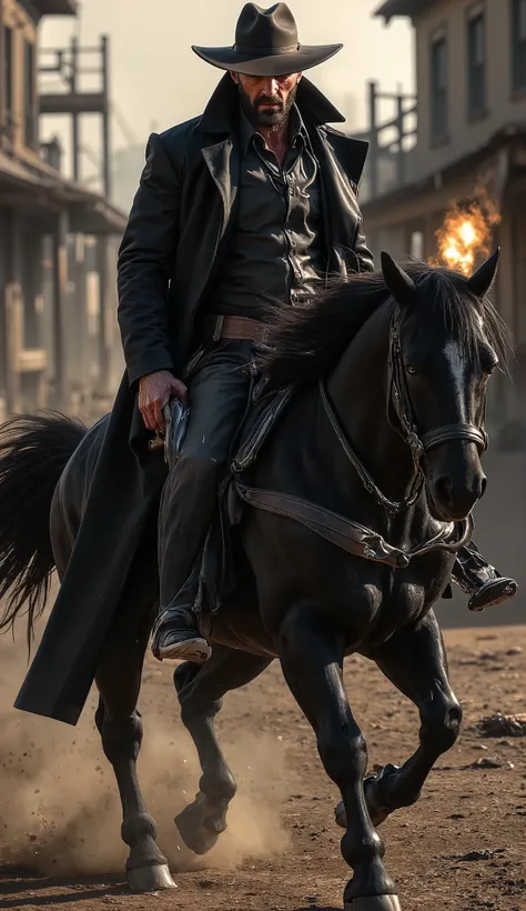 A rugged Wild West gunslinger in a dramatic medium shot, riding a powerful black stallion through a dirty, cold, and windswept frontier town. The gunslinger wears a stunning dark leather duster coat that billows behind him in the wind. A wide-brimmed hat c...