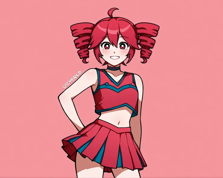 solo,girl,kasane teto, a smile, bright eyes,uacheerlead, cheerleader, navel,midriff, crop top, choker, red skirt, pleated skirt,red shirt,