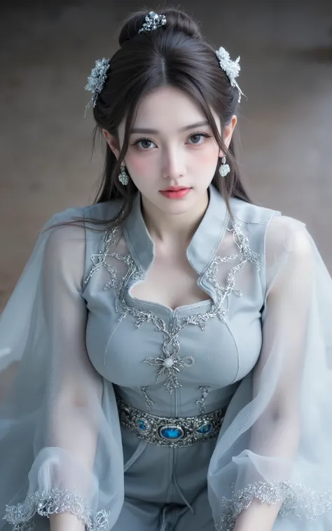 , and the slightly deepened ends of the eyes add a bit of depth,Neckline design,to the costume
Dressed in a light gray antique robe,adds a sense of detail。The shoulders are decorated with tulle,flutter with the wind。Neckline、and the waist with silver metal...