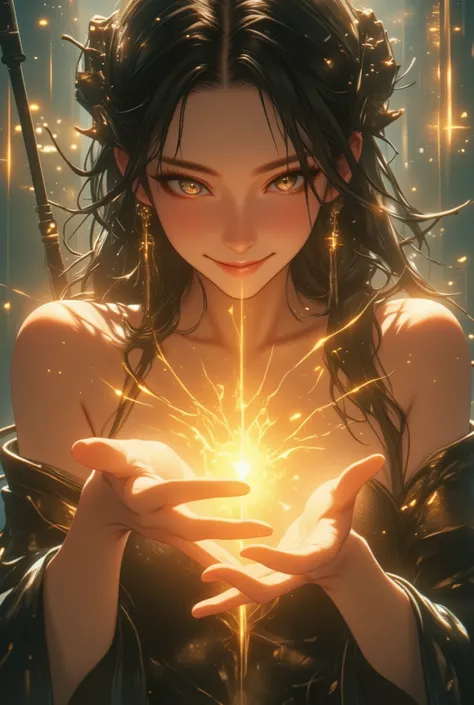 dramatic realistic style, beautiful busty woman, ultra detailed, elegant and seductive, extreme close-up on both hands gently and lovingly holding a glowing rod, fingers caressing softly, hands are the main focus, radiant divine light and mystical aura aro...