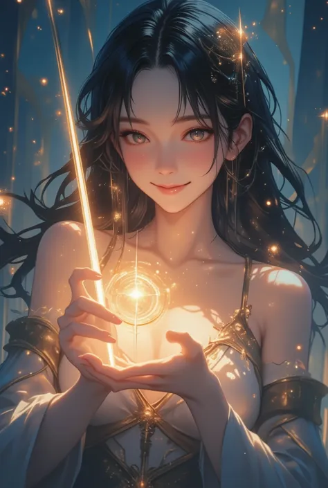 dramatic realistic style, beautiful busty woman, ultra detailed, elegant and seductive, extreme close-up on both hands gently and lovingly holding a glowing rod, fingers caressing softly, hands are the main focus, radiant divine light and mystical aura aro...