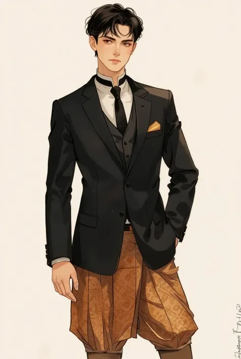 A man in a Thai dress stands looking at the camera, white background, , manga and anime drawing style, soft colors , string, Vintage color schemes, wearing an elegant white rhinestone dress ,, black hair, retro, sleek, looks completely different, ชาย col...