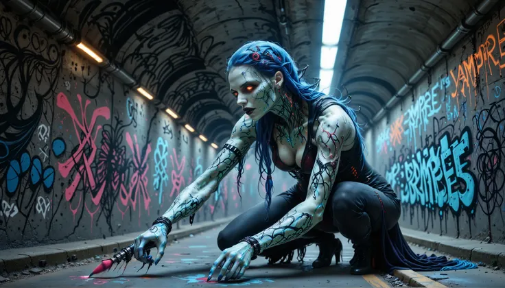 cybernetic corruption, seductive cybernatic vampire, Underpass Graffiti Gallery: Vampire graffiti artist with multi‑colored braids, cybernetic paintbrush arm. She paints glowing runes on concrete walls in a deserted underpass.