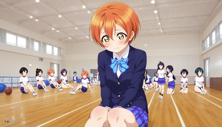 1girl,unwellness hoshizora rin, striped, short hair, blush, otonokizaka school uniform, lovelive_rin black blazer, blue plaid skirt, blue stripe bowtie, orange hair, very short hair, hair between eyes, yellow green eyes,sitting on the floor grasping one's ...