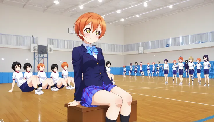 1girl,unwellness hoshizora rin, striped, short hair, blush, otonokizaka school uniform, lovelive_rin black blazer, blue plaid skirt, blue stripe bowtie, orange hair, very short hair, hair between eyes, yellow green eyes,sitting on the floor grasping one's ...