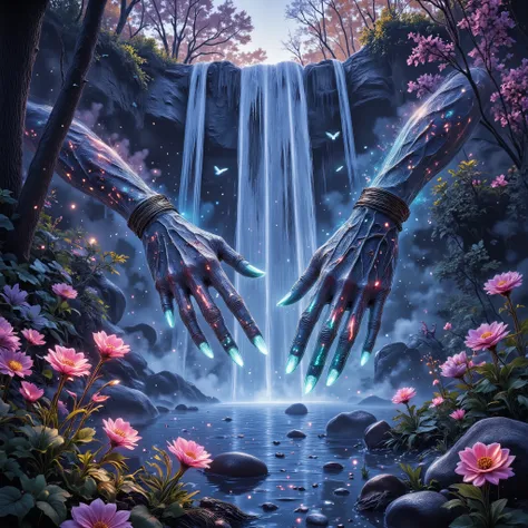 masterpiece, ultra-detailed, glowing fingertips, biomechanical hands, reflective metals, crystal-clear waterfall, surreal neoflowers, atmospheric mist, trees, wind movement, birds, soft dreamlike atmosphere, watercolor effect, ethereal glow, mystical light...